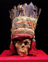 Coiffe en plumes sur un crâne, du Pérou